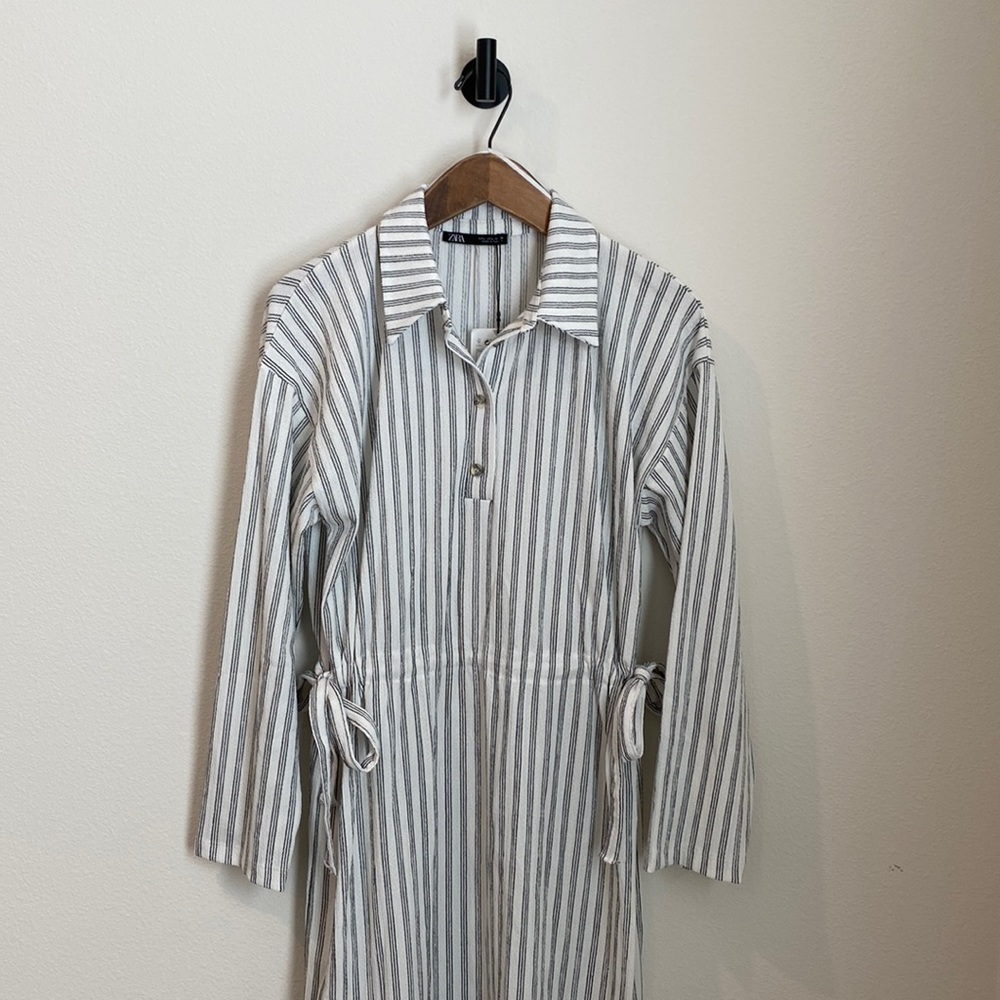 ZARA Black and White Stripe Long Sleeve Midi Dress Size Large